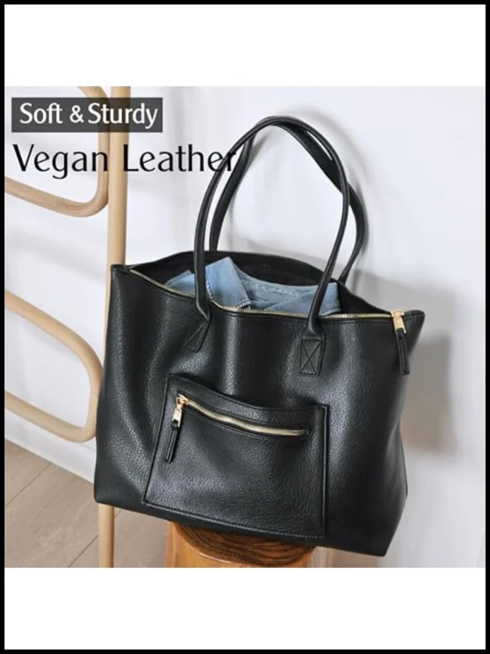 Large Vegan Leather Tote Bag with Zipper and Luggage Sleeve